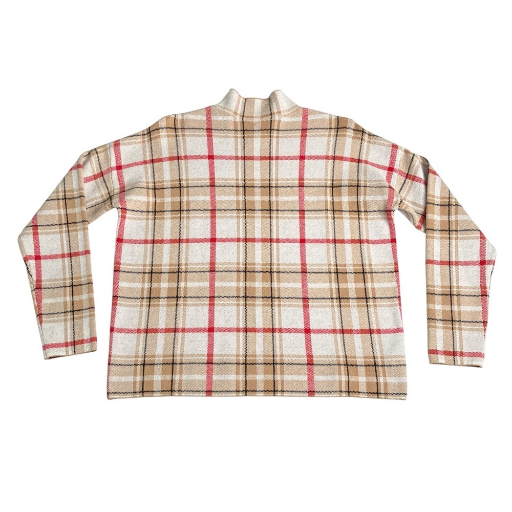 Tahari Plaid Mock Neck Sweater Womens XL Beige Soft Stretch Knit Preppy Pullover